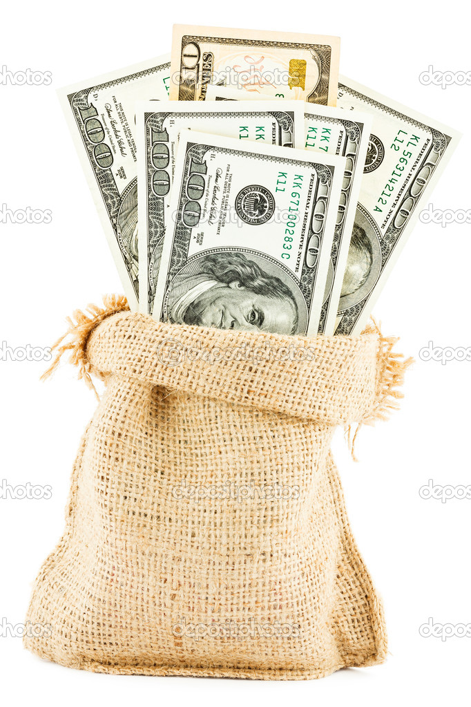 Dollar bills in a canvas sack