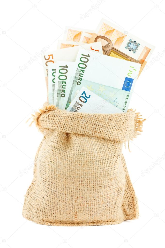 Euro paper money in the linen bag