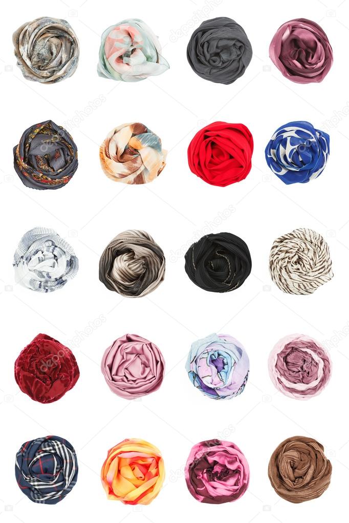 Scarves. Collards of silk scarves folded rosettes