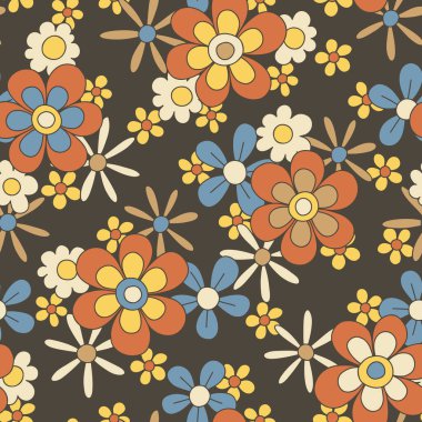 Renkli Turuncu, Sarı, Mavi Büyük Ölçekli, El Taraması Çiçeksiz Şekil. Retro 70 'lerin Nostaljik Moda Tekstil Kalın Geçmişi. Yaz tatili baskısı. Papatyalar. Çiçek Gücü