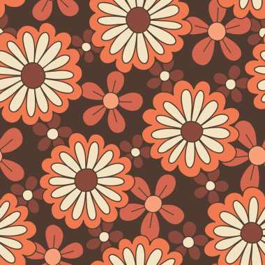 Colorful Large Scale Hand-Drawn Floral Vector Seamless Pattern. Retro 70s Style Nostalgic Daisies. Fashion Textile Bold Background. Summer Resort Print. Flower Power