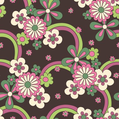 Groovy Large Scale Hand-Drawn Floral Vector Seamless Pattern. Retro 70s Style Nostalgic Daisies and Rainbows. Fashion Textile Bold Background. Summer Resort Print. Flower Power