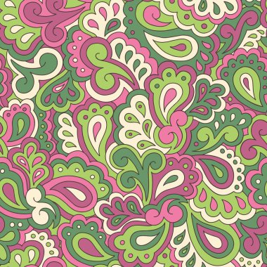 Colorful Retro Psychedelic Swirls and Paisleys Vector Seamless Pattern. Nostalgic Vintage Print. Summer Groovy Textile Design. FlowerPower Hippie Background