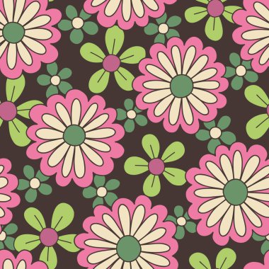 Colorful Large Scale Hand-Drawn Floral Vector Seamless Pattern. Retro 70s Style Nostalgic Daisies. Fashion Textile Bold Background. Summer Resort Print. Flower Power