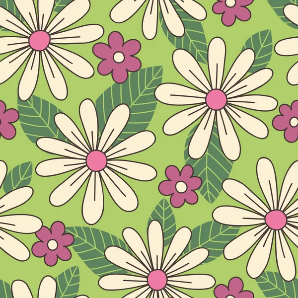 Renkli Geniş Ölçekli El Çekimi Çiçek Vektörü Kusursuz Desen. 70 'lerin Retro Nostaljik Papatyaları. Moda Tekstil Kalın Arkaplan. Yaz tatili baskısı. Çiçek Gücü