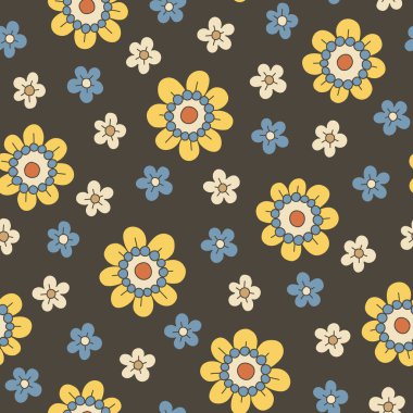 Renkli, orta ölçekli, el yapımı, çiçekli, pürüzsüz desen. 70 'lerin Retro Nostaljik Papatyaları. Moda Tekstil Kalın Arkaplan. Yaz tatili baskısı. Çiçek Gücü