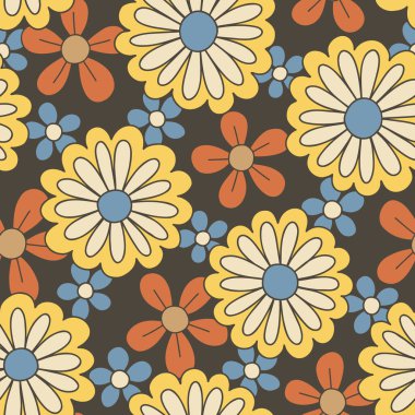 Colorful Large Scale Hand-Drawn Floral Vector Seamless Pattern. Retro 70s Style Nostalgic Daisies. Fashion Textile Bold Background. Summer Resort Print. Flower Power