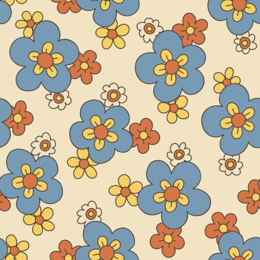 Renkli, orta ölçekli, el yapımı, çiçekli, pürüzsüz desen. 70 'lerin Retro Nostaljik Papatyaları. Moda Tekstil Kalın Arkaplan. Yaz tatili baskısı. Çiçek Gücü