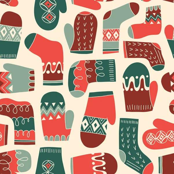 色彩艳丽的复古针织手套和袜子无缝线图案 手达文美丽的岛屿针织物图形打印 寒假背景 红白圣诞涂鸦设计 — 图库矢量图片