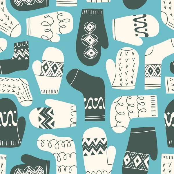 色彩艳丽的复古针织手套和袜子无缝线图案 手达文美丽的岛屿针织物图形打印 寒假背景 浅蓝色单色圣诞涂鸦设计 — 图库矢量图片