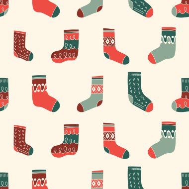 Renkli Retro örülmüş Çoraplar Vektör Kusursuz Desen. El Çizimi Güzel Ada Örgü Giyim Grafik Yazısı. Kış Tatil Arkaplanı. Kırmızı ve Beyaz Noel Doodle Tasarımı