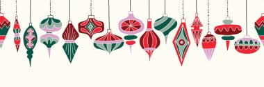 Retro Sarkık Baubles Vektör Kusursuz Yatay Desen Sınırı. Klasik Kış Tatil Süslemeleri Arkaplanı. Festive Mid Century Modern Grafik Yazdırma