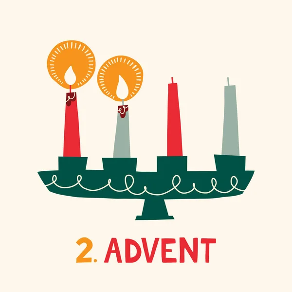 Duas Velas Chamas Castiçal Retro Scandinavian Christmas Card Ilustração Plana — Vetor de Stock