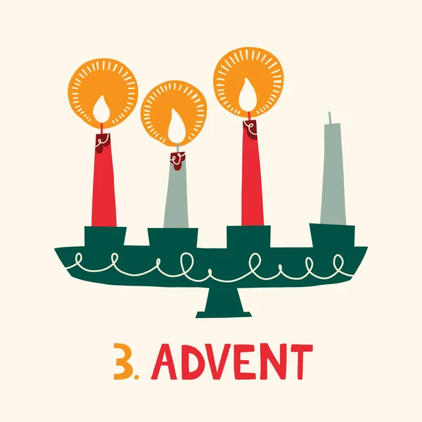 Три Горящих Свечи Свече Holder Retro Скандинавская Рождественская Открытка Нордический — стоковый вектор