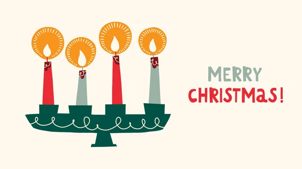 Quatro Velas Chamas Castiçal Retro Scandinavian Christmas Card Ilustração Plana — Vetor de Stock