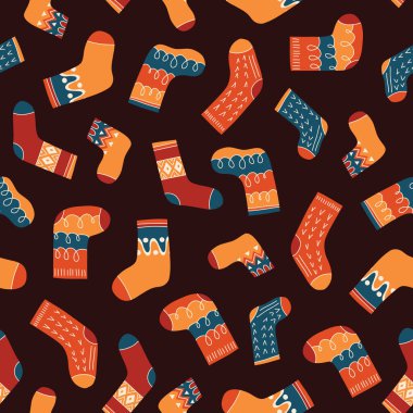 Renkli Retro örülmüş Çoraplar Vektör Kusursuz Desen. El Şafağı Fuarı Isle Örgü Grafik Parmak izi. Sonbahar Arkaplanı. Cozy Fall Doodle Tasarımı