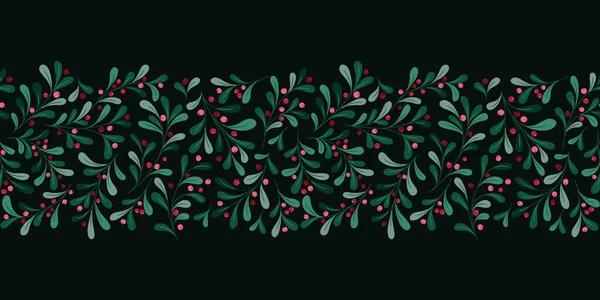 Χριστουγεννιάτικο Γκι Foliage Και Lingonberries Vector Seamless Οριζόντια Σύνορα Μοτίβο — Διανυσματικό Αρχείο