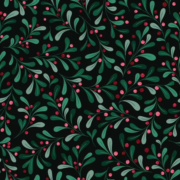 Χριστουγεννιάτικο Γκι Foliage Και Lingonberries Vector Seamless Pattern Μούρα Και — Διανυσματικό Αρχείο