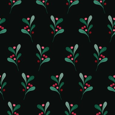 Noel Ökseotu Yaprağı ve Lingonberry Vektör Örnekleri. Böğürtlen ve Dal. Kış Tatili Şenlik Baskısı. Festivalsel Botanik Tasarımı