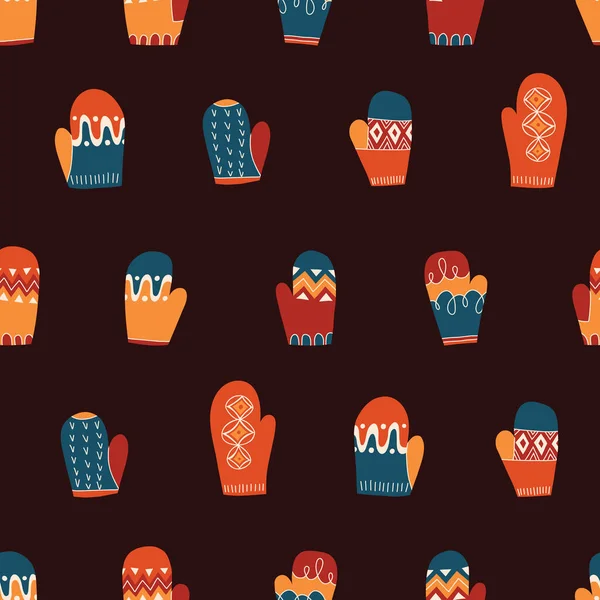 Bunte Retro Strickhandschuhe Vector Seamless Pattern Hand Daawn Fair Isle — Stockvektor