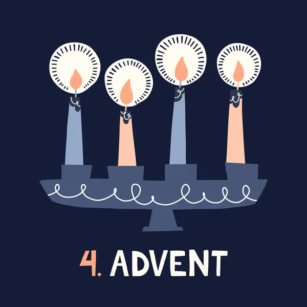 在烛台上燃着四个蜡烛 斯堪的纳维亚半岛复古圣诞贺卡北欧风格的面糊平面画图 寒假壁纸 圣诞成人矢量图形打印 — 图库矢量图片