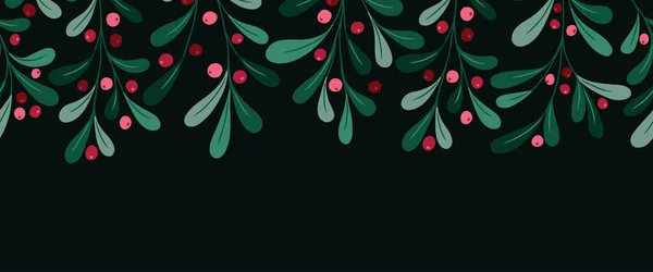 Weihnachten Mistelblätter Und Preiselbeeren Vector Seamless Horizontal Pattern Border Beeren — Stockvektor