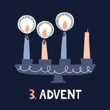 Candle Holder Retro İskandinav Noel Kartı 'nda Üç Yanan Mum. Pastel Nordic Style Düz Çizim. Kış Tatil Duvar Kağıdı. Noel Uygulaması Vektör Grafik Yazdırma