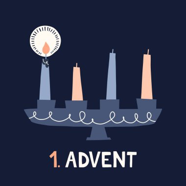 Candle Holder 'da Yanan Mum Retro İskandinav Noel Kartı. Pastel Nordic Style Düz Çizim. Kış Tatil Duvar Kağıdı. Noel Uygulaması Vektör Grafik Yazdırma