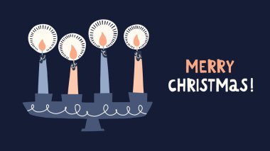 Mum Tutacağı 'nda Dört Yanan Mum, İskandinav Noel Kartı. Pastel Nordic Style Düz Çizim. Kış Tatil Duvar Kağıdı. Noel Uygulaması Vektör Grafik Yazdırma
