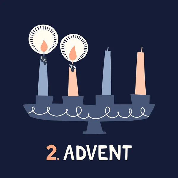 两个燃烧的蜡烛在烛台持卡人复古斯堪的纳维亚圣诞贺卡 糊状北欧风格平面插图 寒假壁纸 圣诞成人矢量图形打印 — 图库矢量图片