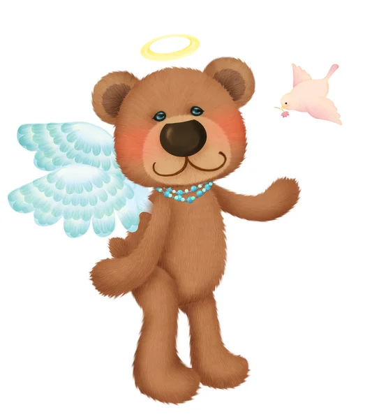 Cute bear angel with little bird — Stock Photo, Image