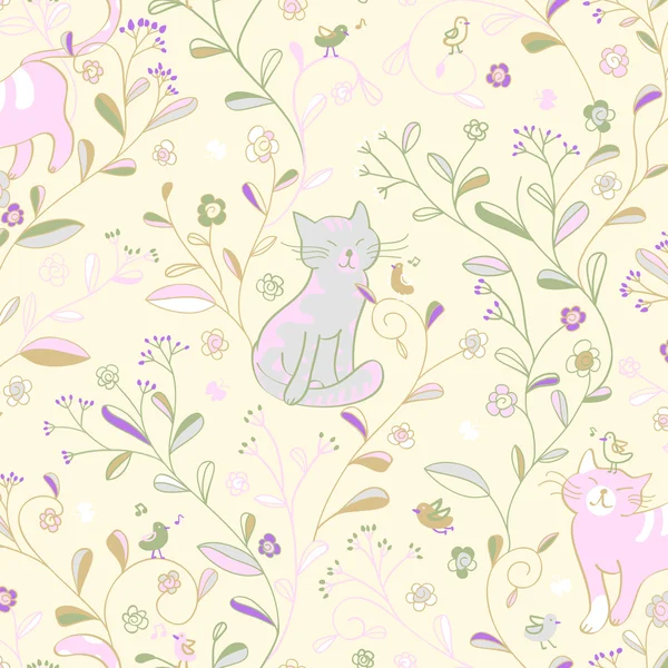 Яркие повторяющиеся цветочные с кошками — стоковое фото