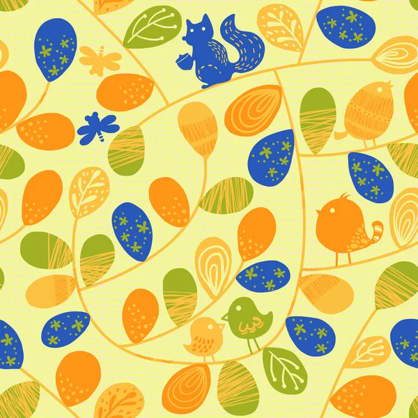 Nahtloses Muster mit Vögeln und Blättern — Stockfoto