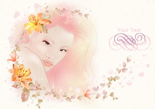 Akvarell virágok és gyönyörű nő — Stock Fotó