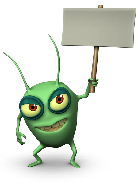 Green bug holding placard — Stock Photo, Image