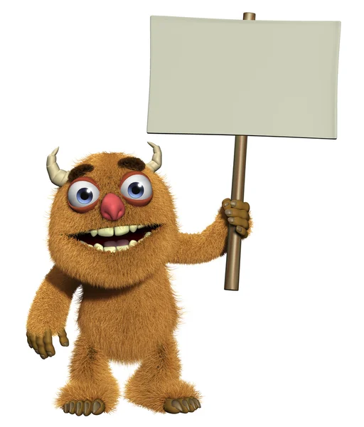 3d cartoon cute furry monster holding blank — Stock Photo, Image