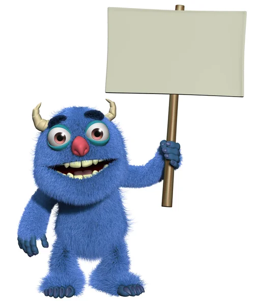3d cartoon cute furry monster holding blank — Stock Photo, Image