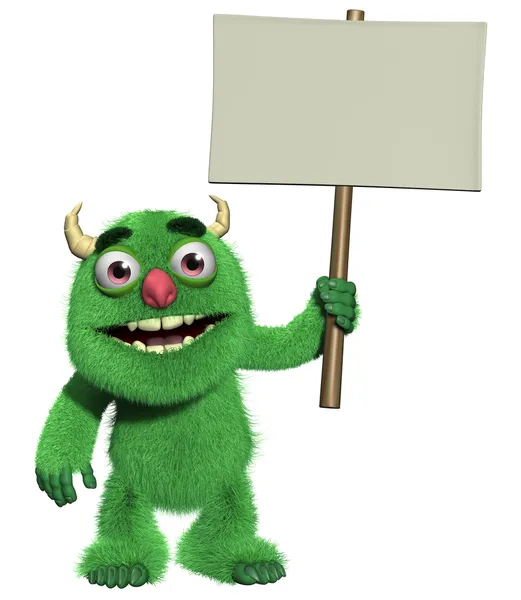 3d cartoon cute furry monster holding blank — Stock Photo, Image