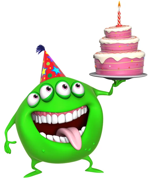 3d cartoon green birthday monster with cake — Stock Photo, Image