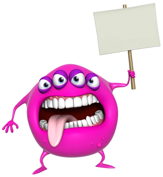 3d cartoon pink monster holding placard — Stock Photo, Image