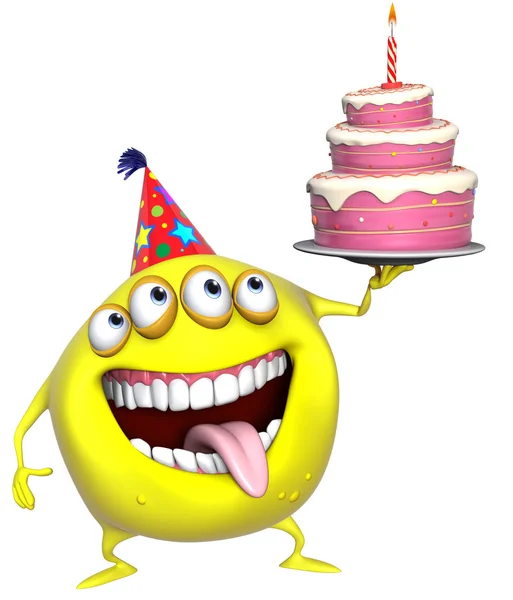 케이크와 함께 3d 만화 노란색 생일 괴물 — 스톡 사진