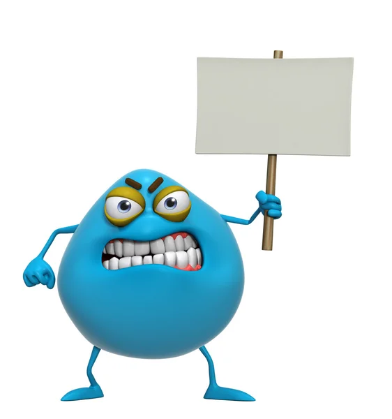 3d cartoon niedliches blaues Monster mit Plakat — Stockfoto