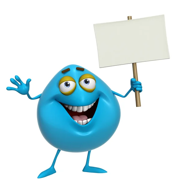 3d cartoon cute blue monster holding placard — Stock Photo, Image