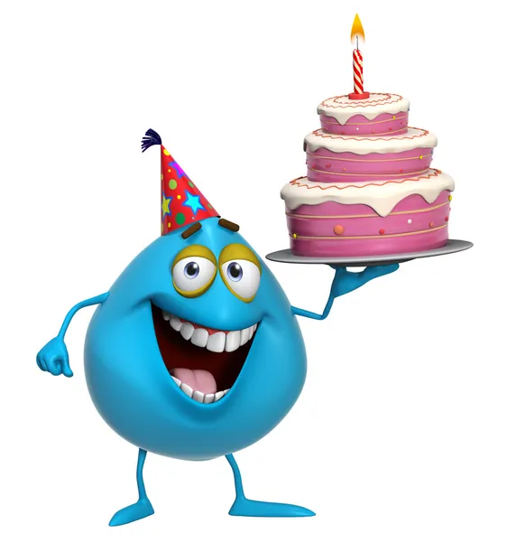 3d cartoon cute blue monster with cake — Stock Photo, Image