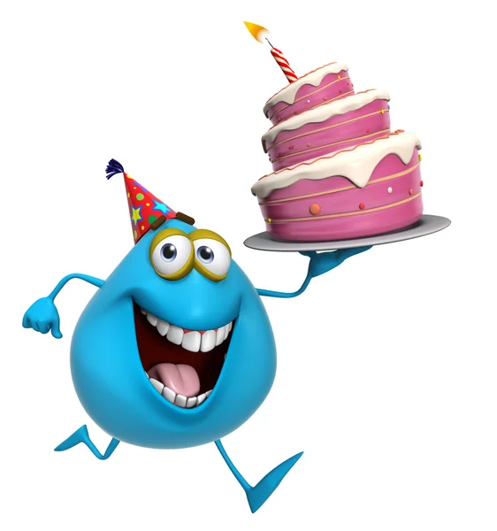 3d cartoon cute blue monster with cake — Stock Photo, Image