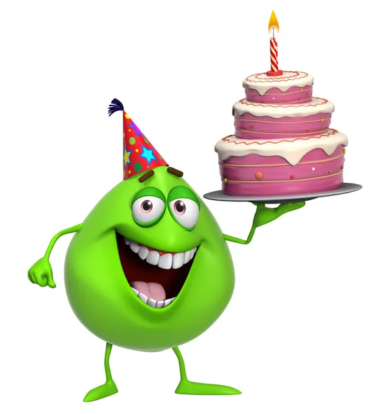 3d cartoon cute green monster with cake — Stock Photo, Image