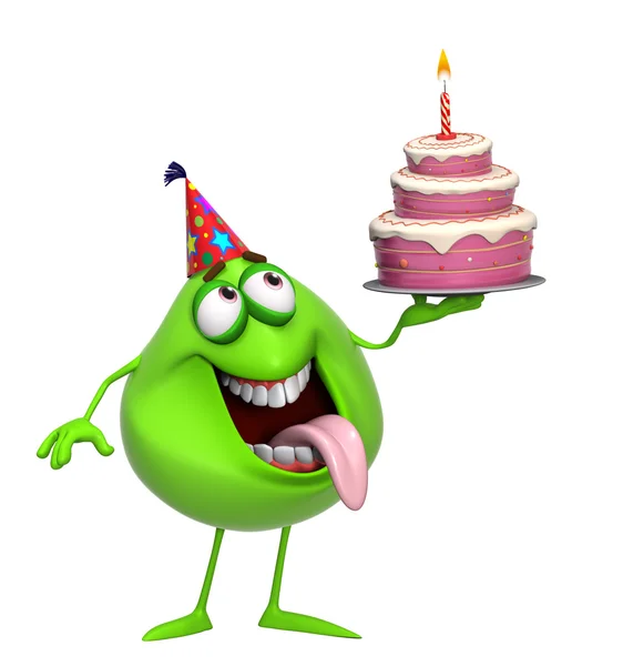 3d cartoon cute green monster with cake — Stock Photo, Image