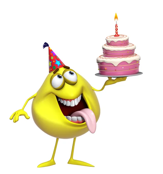 3d cartoon cute yellow monster with cake — Stock Photo, Image