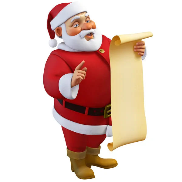 3d cartoon santa halten eine rolle — Stockfoto