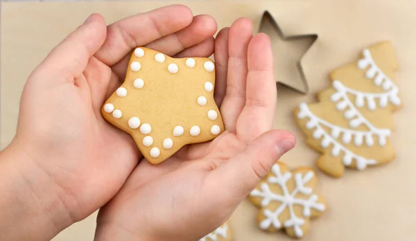 Дитина Тримає Домашнє Різдвяне Печиво Копіювати Простір Стокова Картинка